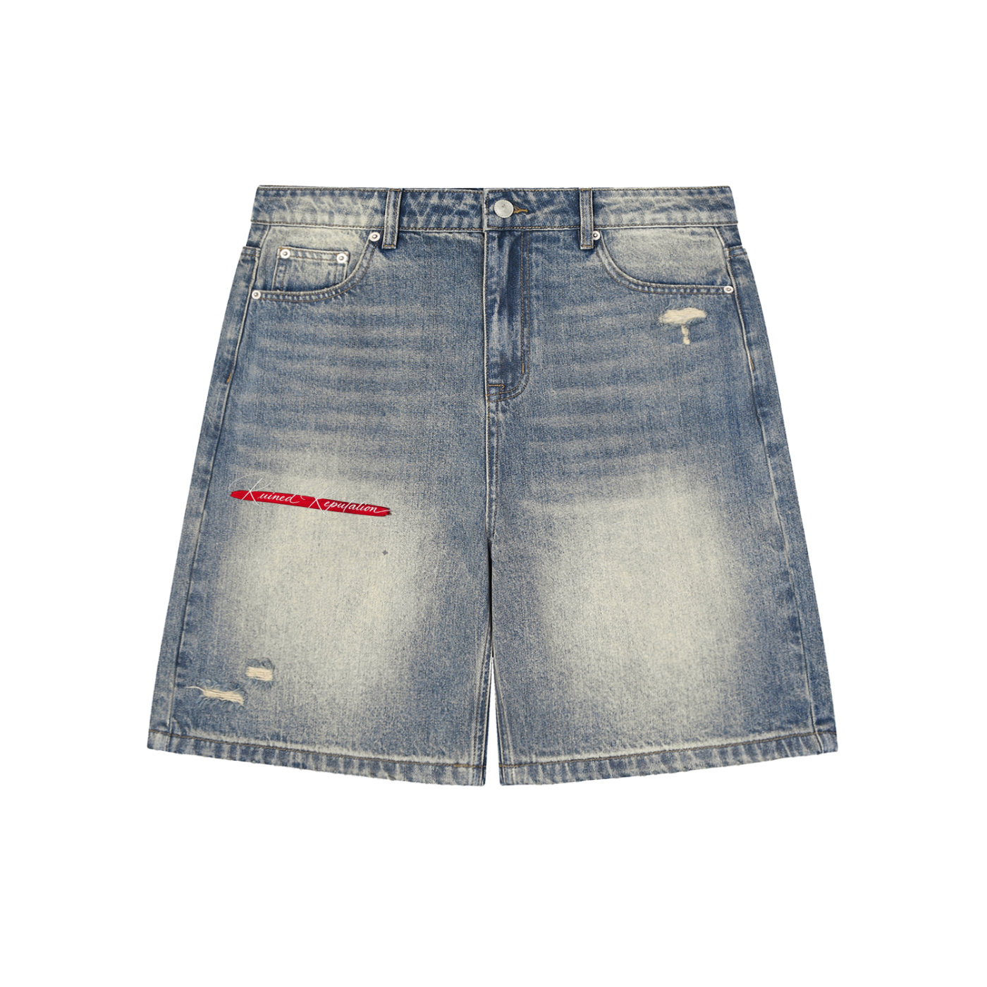 “Red Stripe” Faded Distressed Baggy Denim Shorts